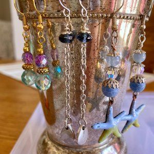 3 pairs handmade earrings blue purple gold aqua